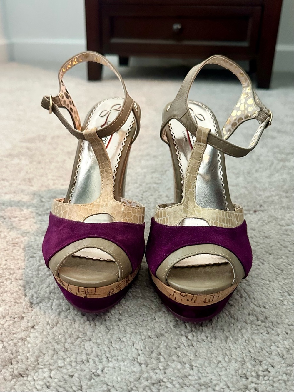 Poetic License Spring Fling Purple and Taupe T-Strap Platform Sandals